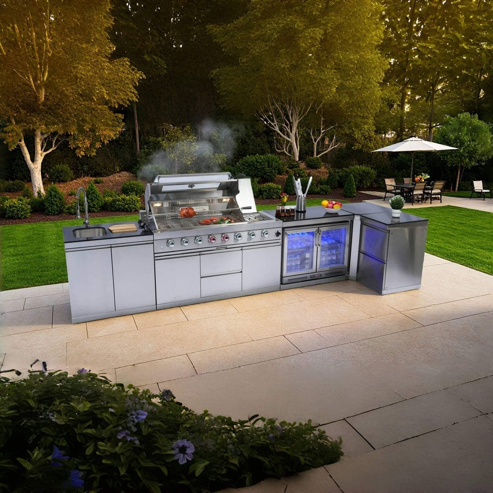Castelle Flame 62-Inch 6-Burner Gas Outdoor Grill Island With Wine Cooler And Rotisserie