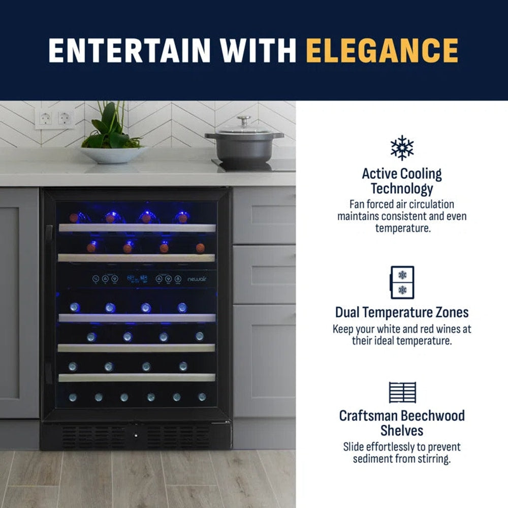 24” Built-In 46 Bottle Dual Zone Wine Cooler with Removable Beechwood Shelves in Black Stainless Steel