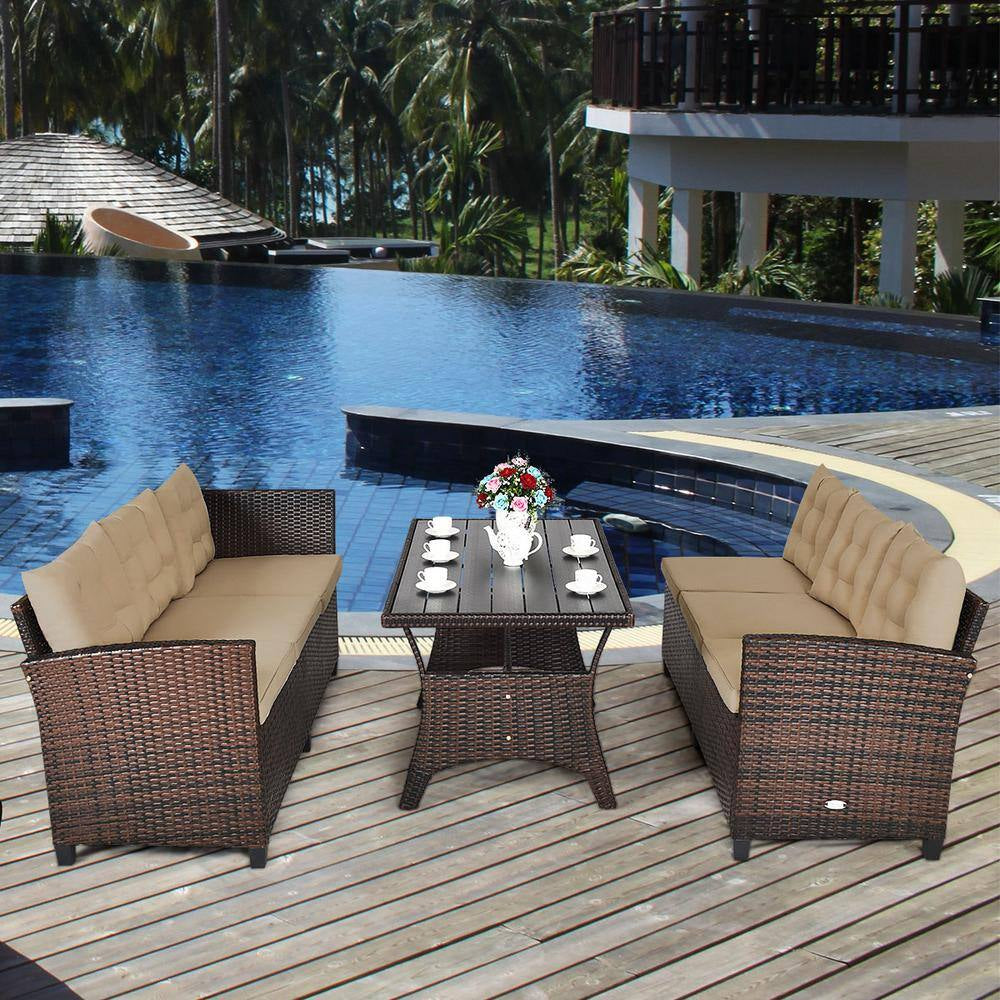 Island 3-Piece Wicker Dining Set Patio Furniture 6-Seats Sofa with Coffee Cushions
