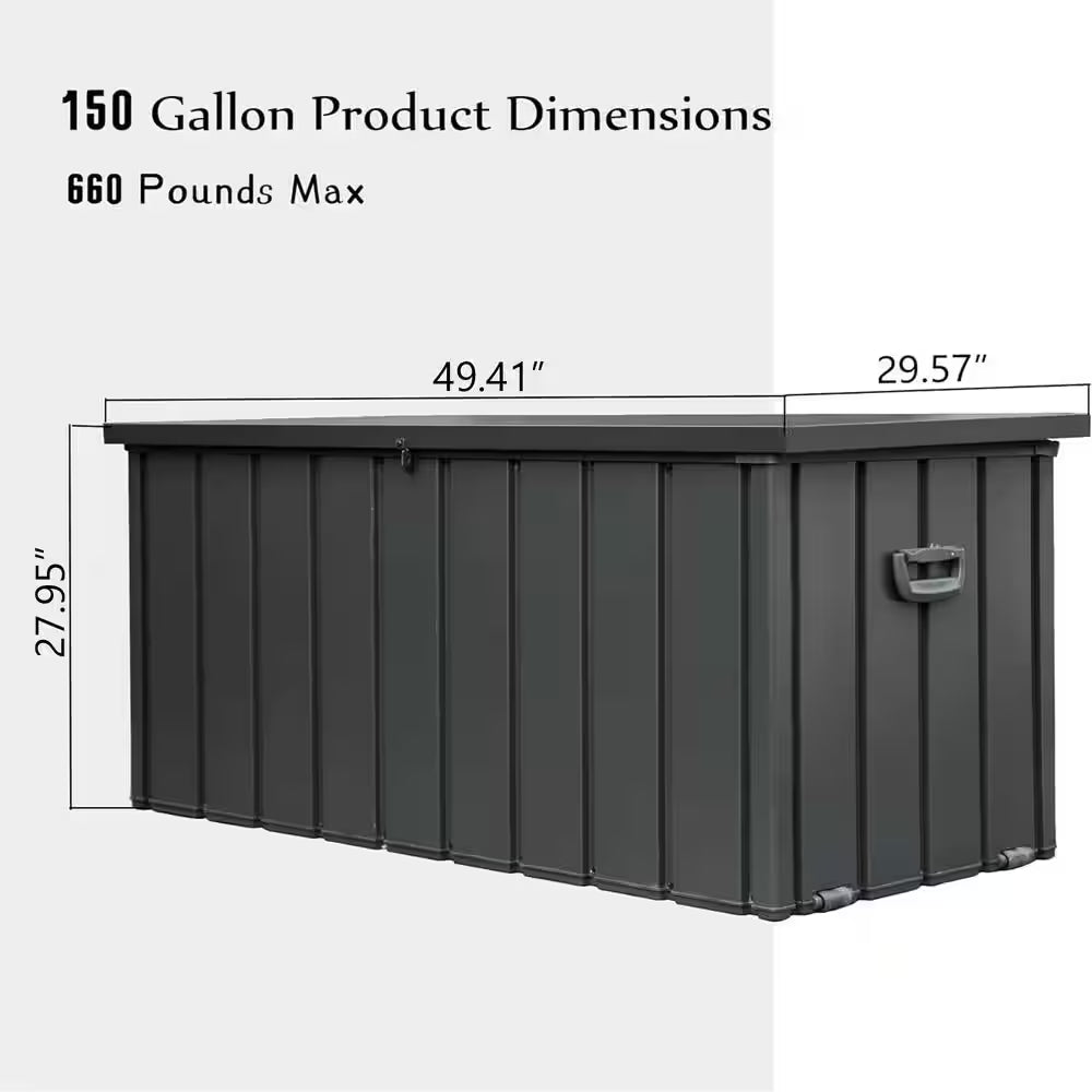 150 Gal. Dark Gray Steel Outdoor Storage Deck Box Waterproof, Large Patio Storage Bin for Throw Pillows, Garden Tools