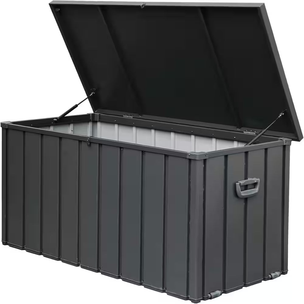 150 Gal. Dark Gray Steel Outdoor Storage Deck Box Waterproof, Large Patio Storage Bin for Throw Pillows, Garden Tools