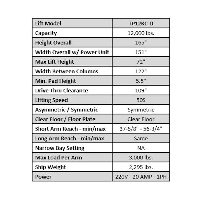 ASEplatinum TP12KC-D Heavy-Duty Clear Floor Two Post Lift