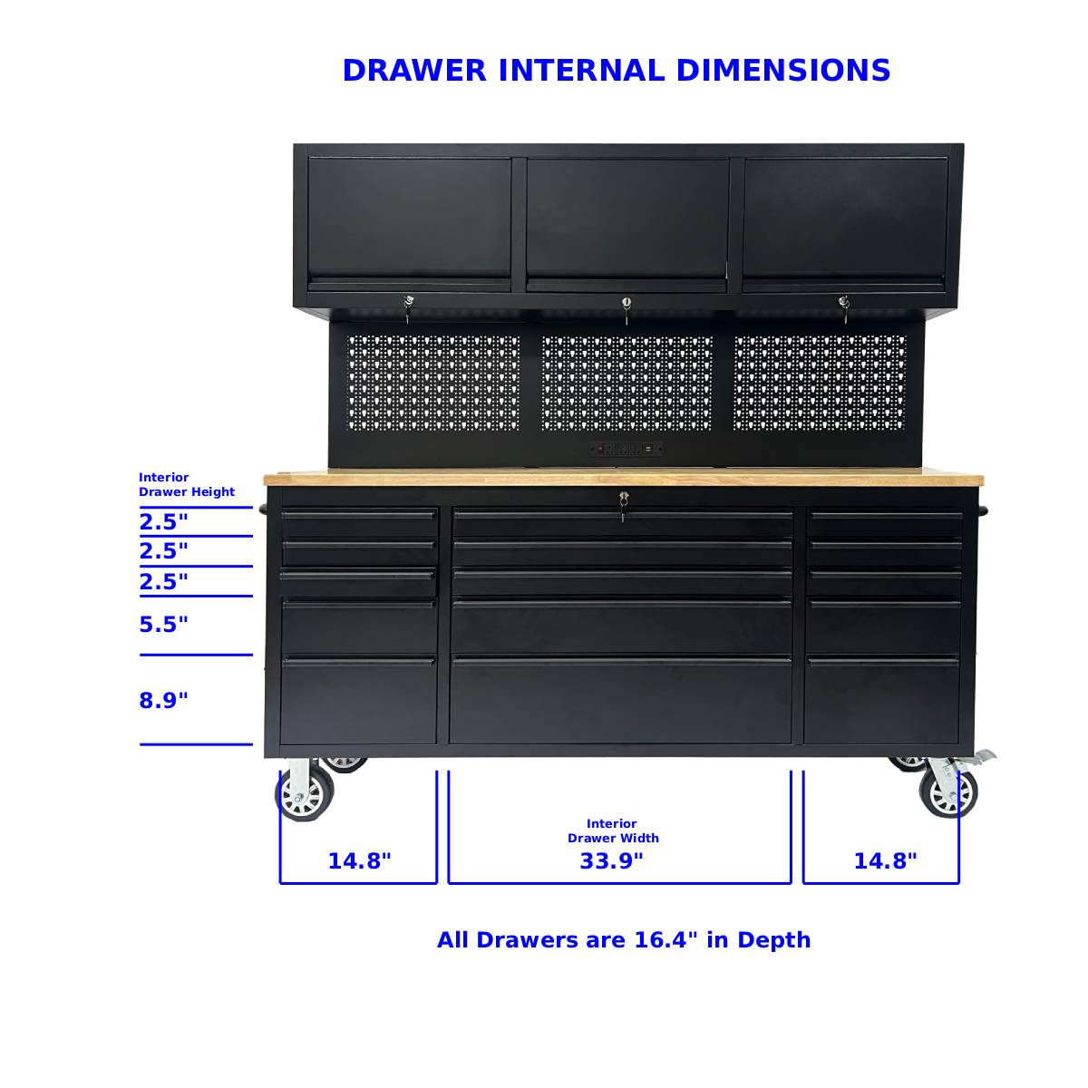 72" Rolling Tool Chest with Power Strip, Workbench, Upper Cabinets & Pegboard