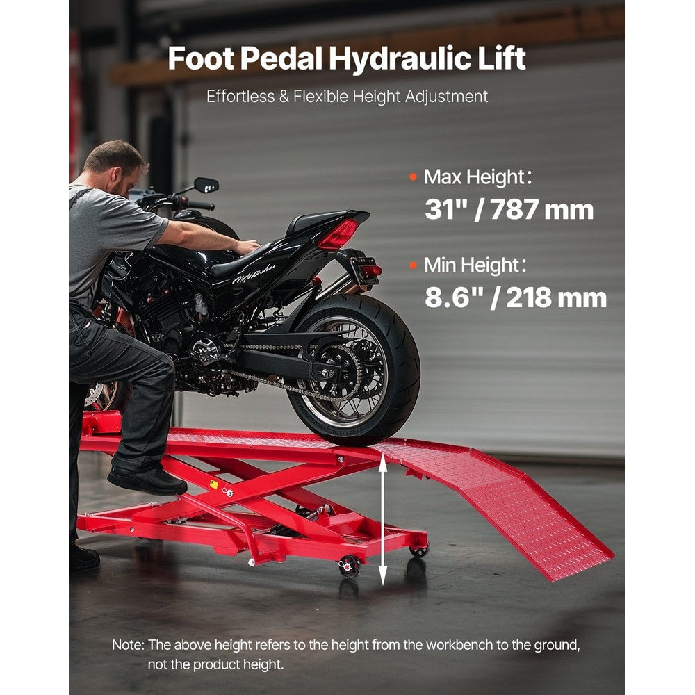 Motorcycle Lift Table, 1000lbs Weight Capacity, 360° Flexible Moving Motorcycle Jack Stand, 8.6-31 in Height Range, Heavy Duty Bike Repair Stand with Security Lock for ATVs, Dirt Bike