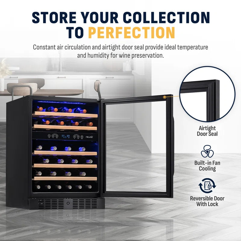 24” Built-In 46 Bottle Dual Zone Wine Cooler with Removable Beechwood Shelves in Black Stainless Steel