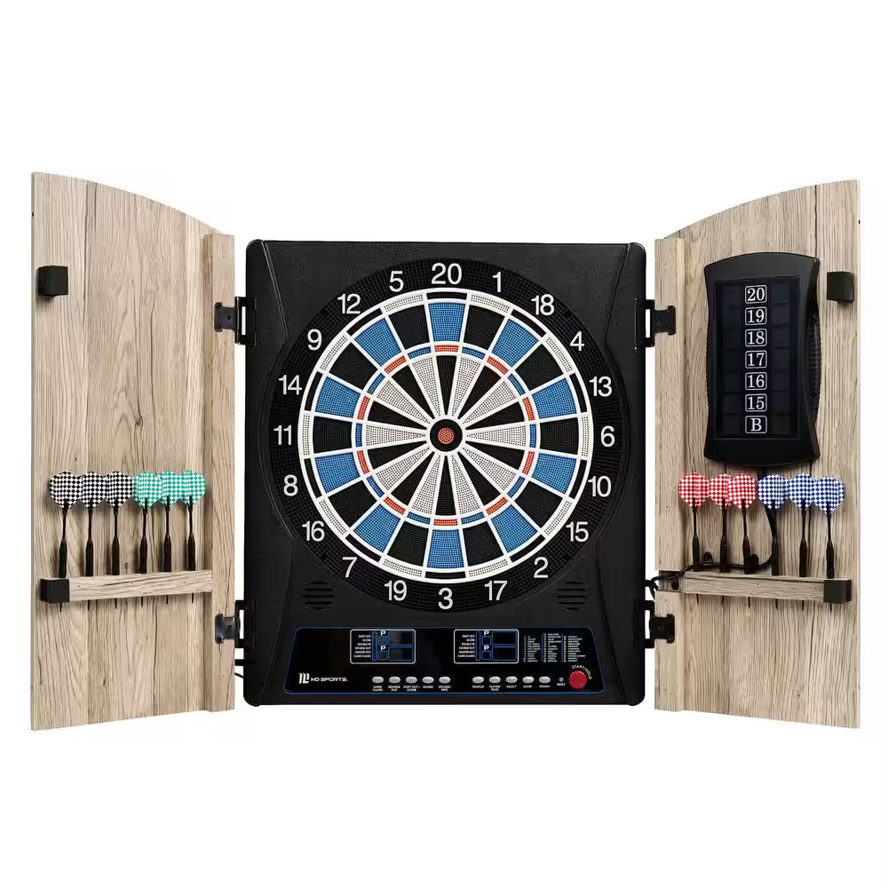 Elmhurst Electronic Dartboard Cabinet with Digital Scorekeeping and Soft Tip Dart Set