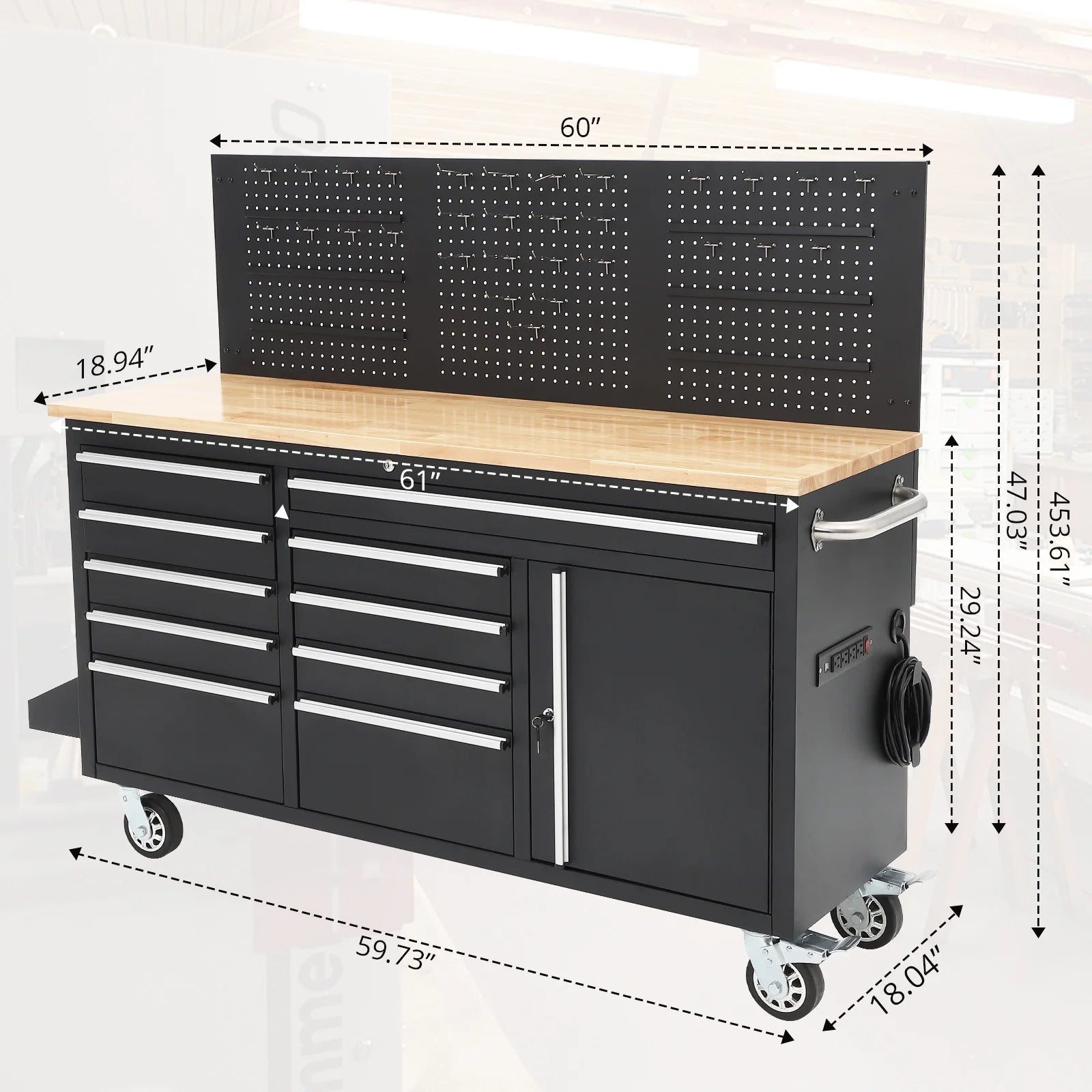 61" Rolling Tool Chest, 10 Drawers Garage Workbench Storage Tool Cabinet with Power Station, Rubber Wood Top, 1675 LBS Load Mobile Workstation, Heavy Duty Cabinet on Wheels