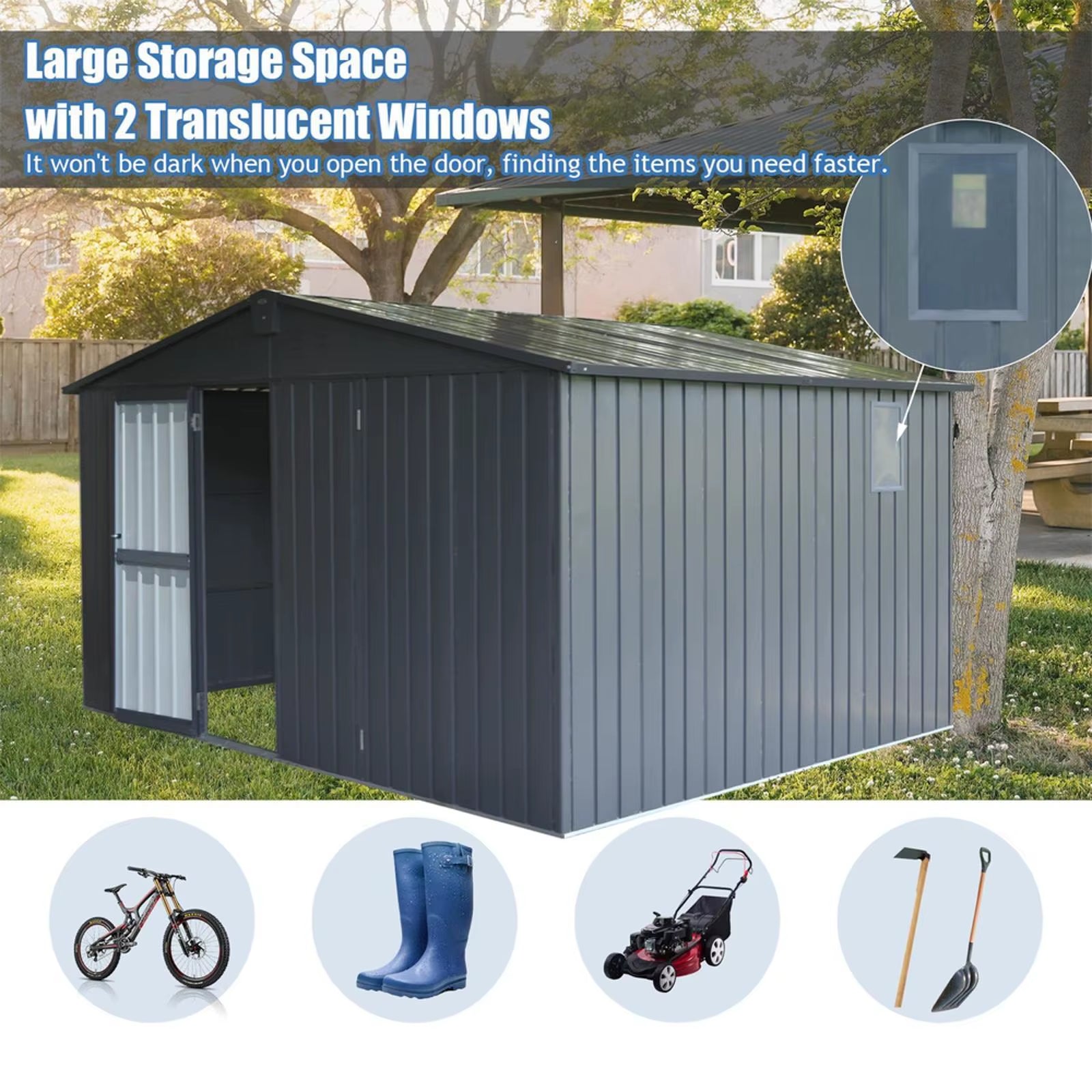 Backyard Storage Shed 11' X 12.5' with Galvanized Steel Frame Window
