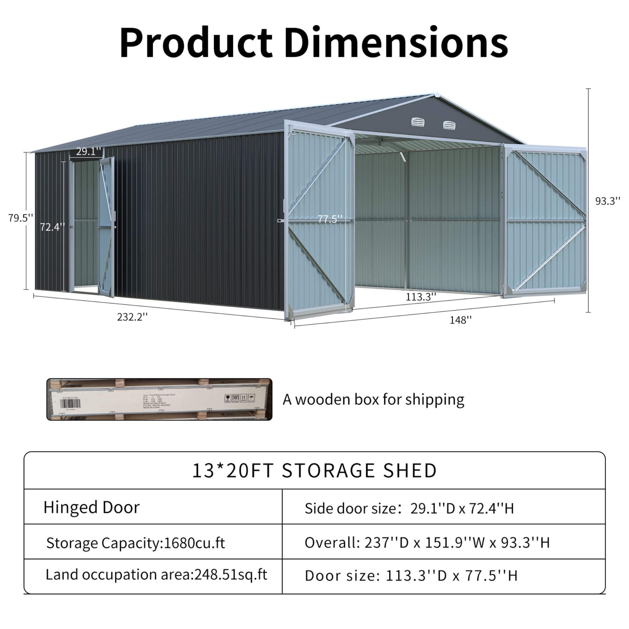 [13x20FT] Alora Large Heavy-Duty Outdoor Metal Storage Shed With Double Doors