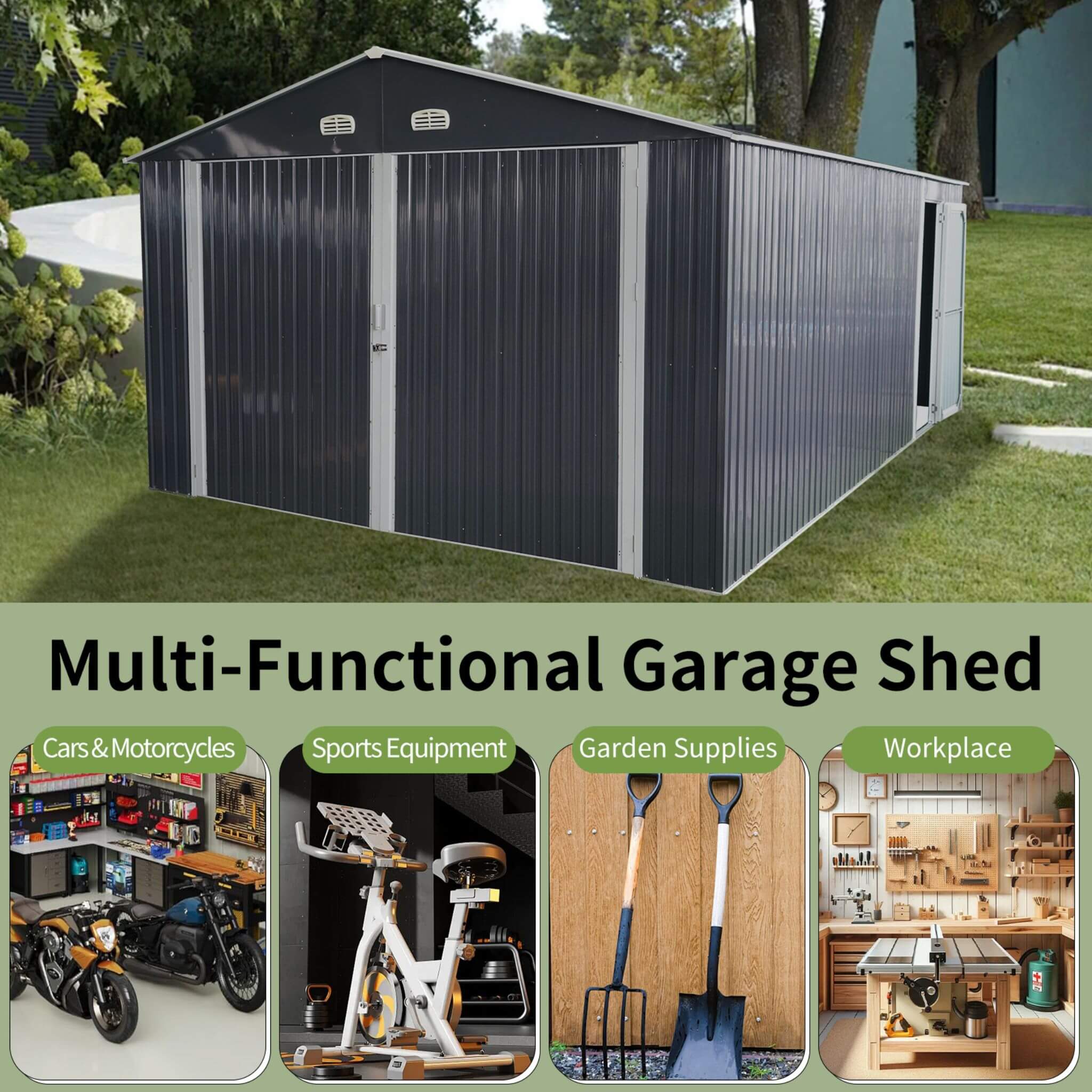 [13x20FT] Alora Large Heavy-Duty Outdoor Metal Storage Shed With Double Doors