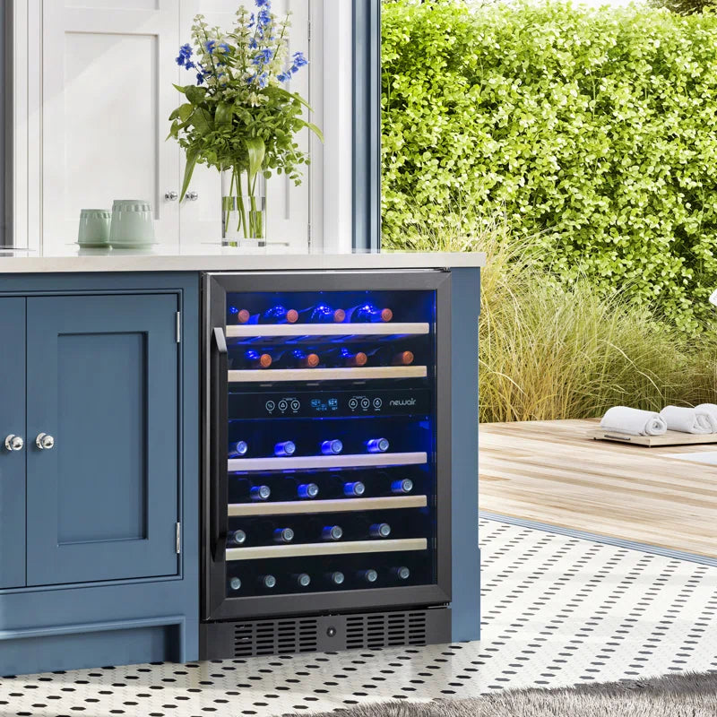 24” Built-In 46 Bottle Dual Zone Wine Cooler with Removable Beechwood Shelves in Black Stainless Steel