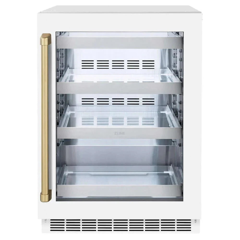 ZLINE 24" Touchstone 151 Can Beverage Fridge White Matte Glass Door Champagne Bronze Handle RBSOZ-WM-24-CB