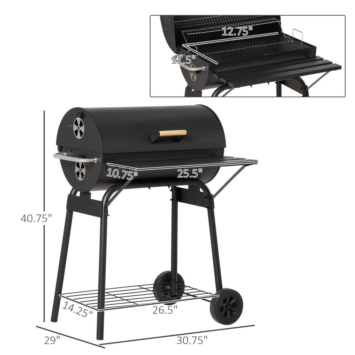 Outsunny 30' Portable Barrel Charcoal BBQ Grill Steel Outdoor Smoker