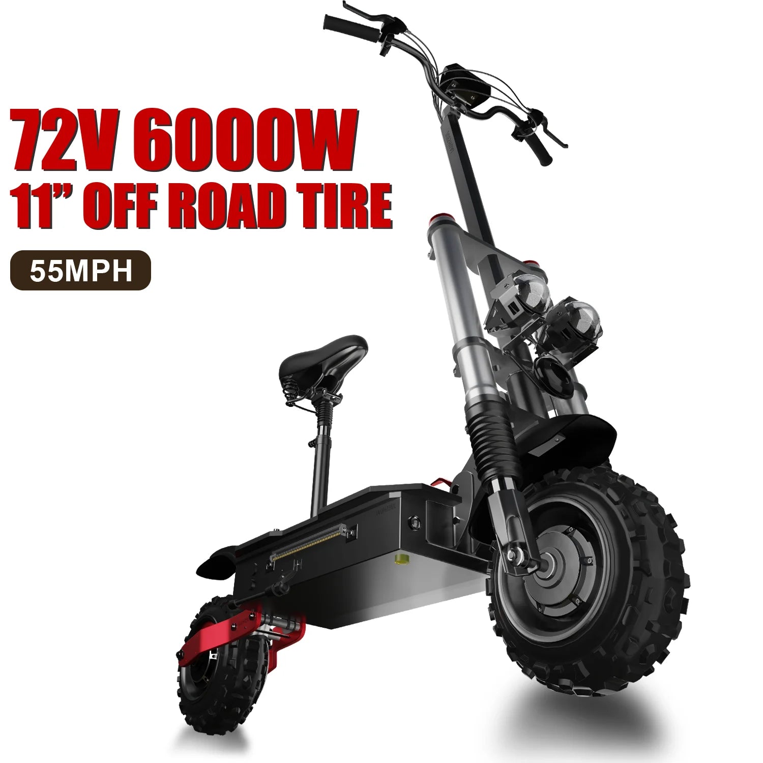 72V 6000W Electric Scooter Adults, up to 55 MPH, 11" Wheel Tubeless off Road Tire, Hydraulic Suspension, Foldable Escooter with Seat