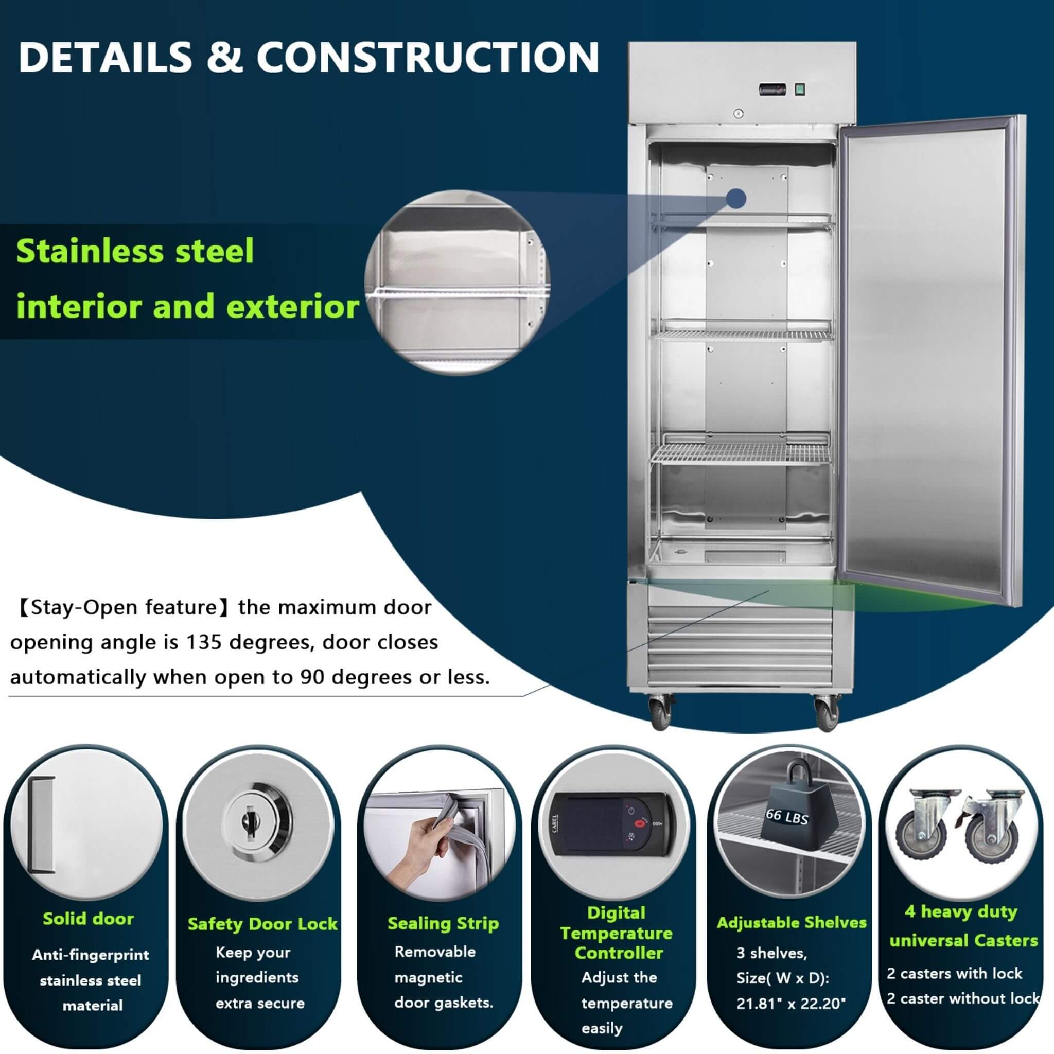 Heavy-Duty 27-Inch 8.7 Cu.Ft Commercial Upright Stainless Steel Reach-In Freezer