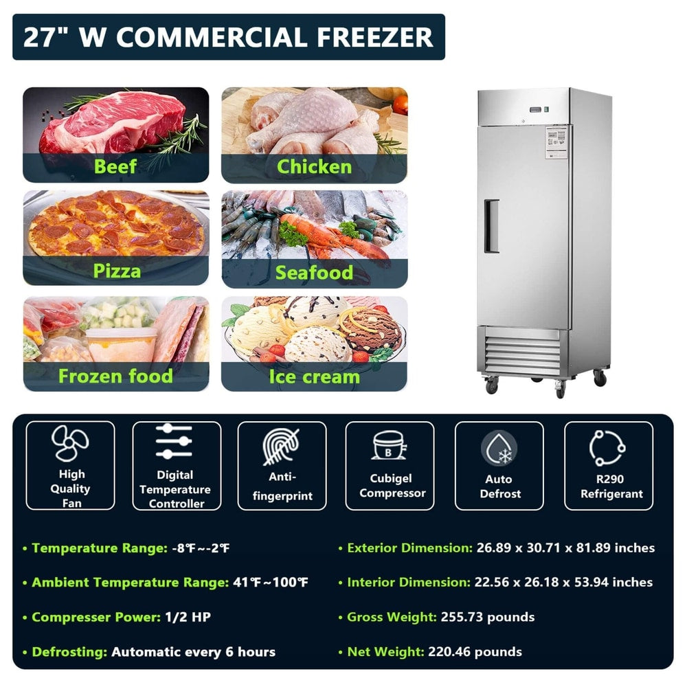 Heavy-Duty 27-Inch 8.7 Cu.Ft Commercial Upright Stainless Steel Reach-In Freezer