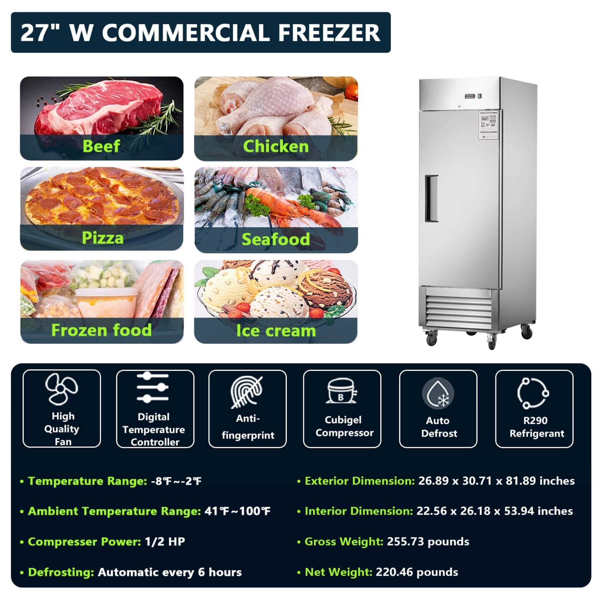 Heavy-Duty 27-Inch 8.7 Cu.Ft Commercial Upright Stainless Steel Reach-In Freezer