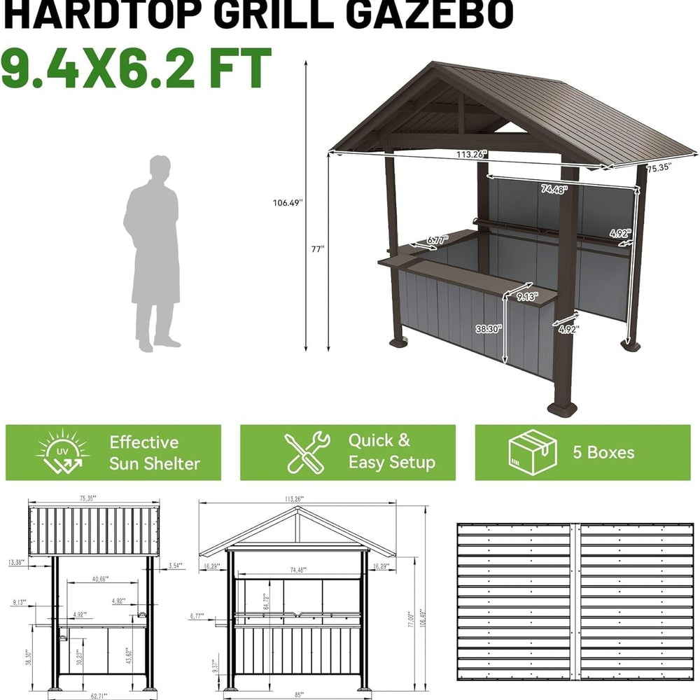 9.4x6.2 FT Hardtop Grill Gazebo with Storage Shelves & Resin Shade System