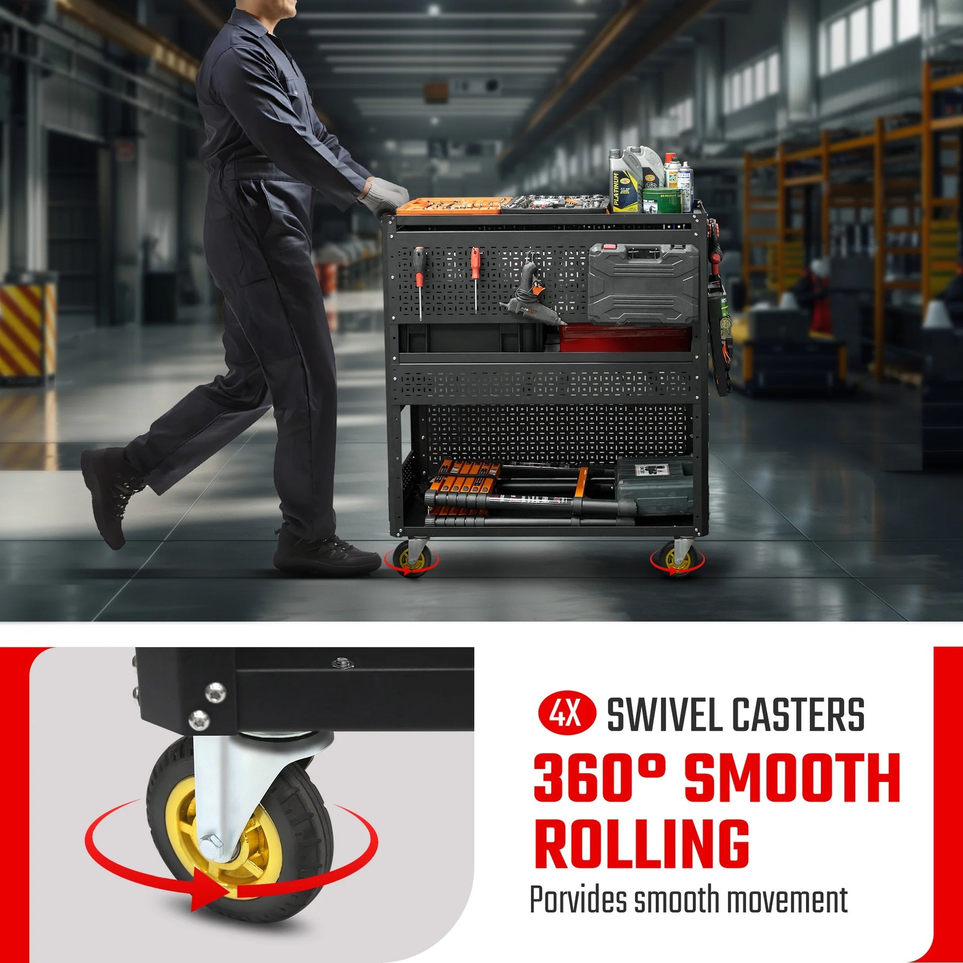 3-Tier Adjustable Rolling Tool Cart | Garage & Workshop Organizer w/ Steel Pegboard