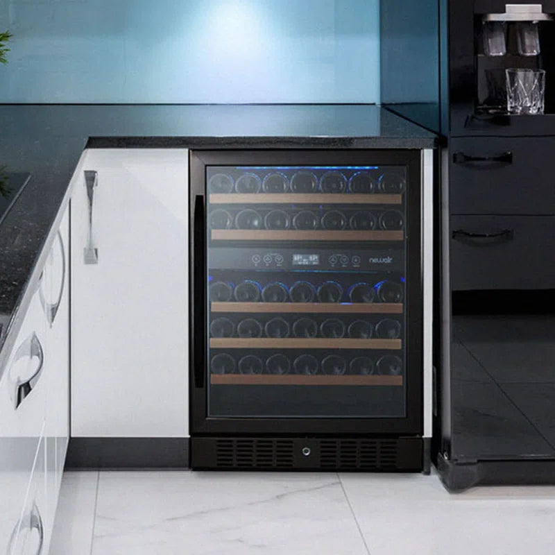 24” Built-In 46 Bottle Dual Zone Wine Cooler with Removable Beechwood Shelves in Black Stainless Steel
