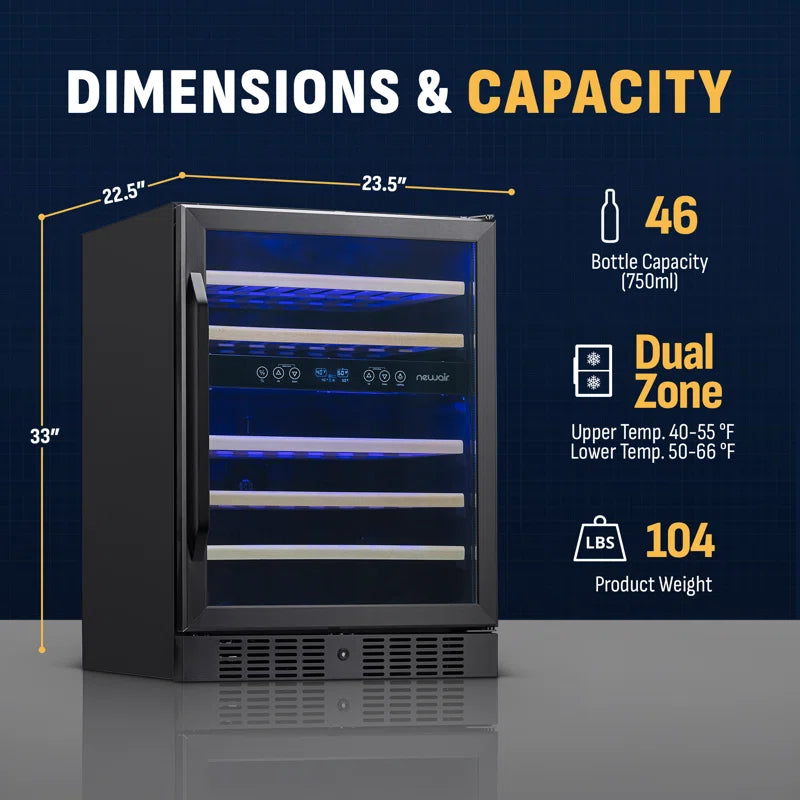 24” Built-In 46 Bottle Dual Zone Wine Cooler with Removable Beechwood Shelves in Black Stainless Steel
