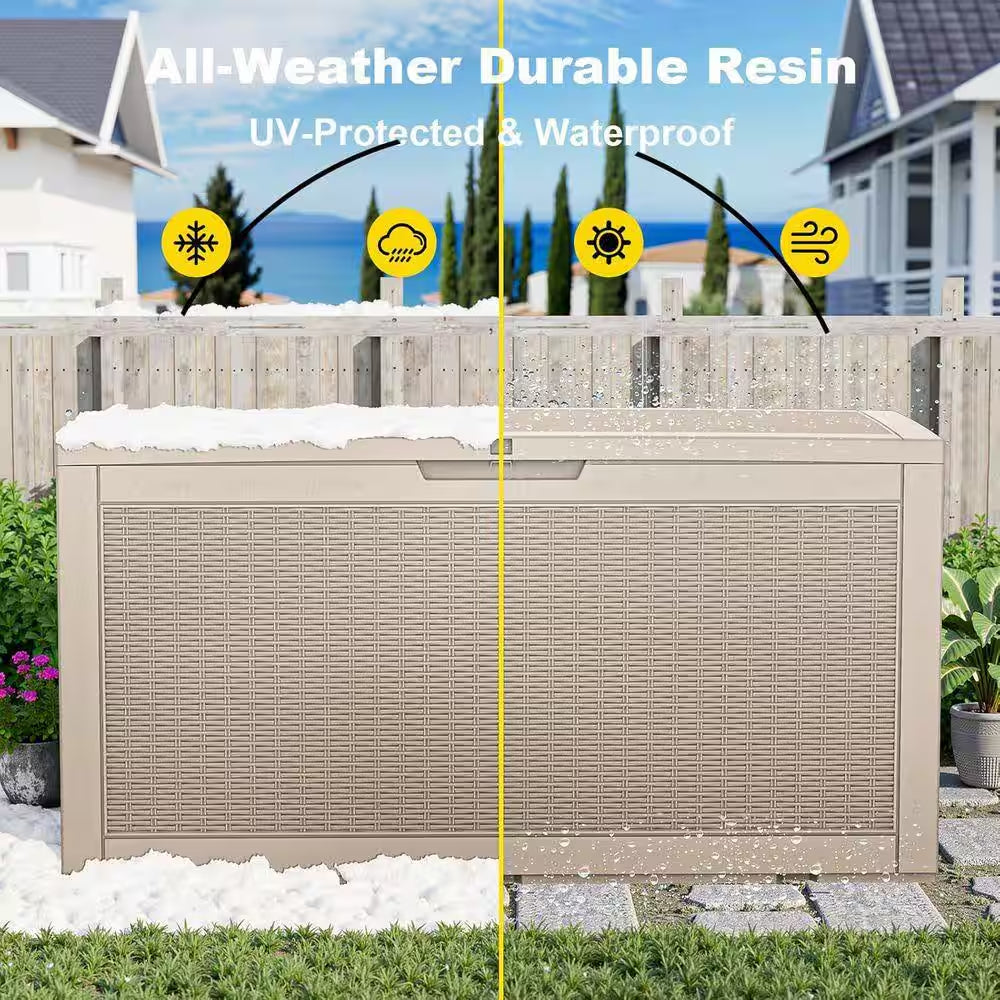 100 Gal. Outdoor Deck Box, Waterproof Lockable Resin Storage Container for outside Cushions, Garden Tools, Taupe