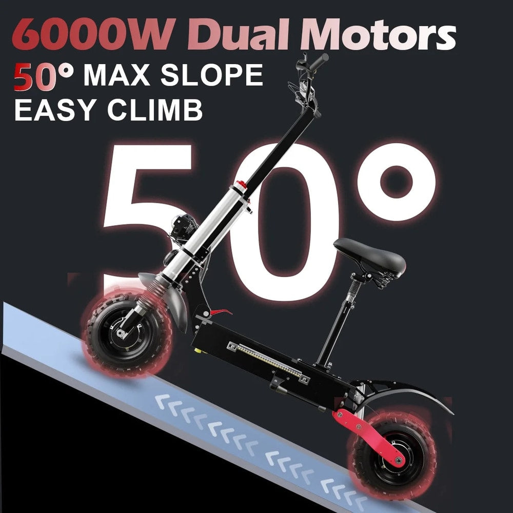 72V 6000W Electric Scooter Adults, up to 55 MPH, 11" Wheel Tubeless off Road Tire, Hydraulic Suspension, Foldable Escooter with Seat