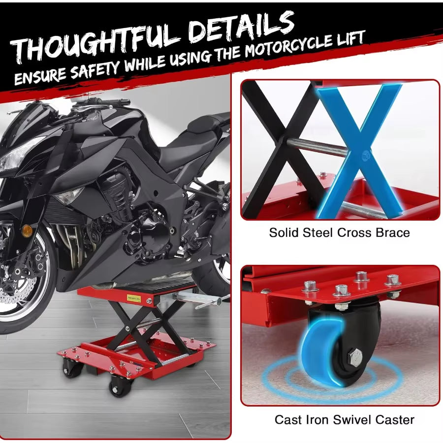 1200Lbs Motorcycle Jack with Dolly for Dirt Bike ATV Cruiser Bikes Scissor Lift Hoist Stand with Wide Deck and Safety Pin Ideal