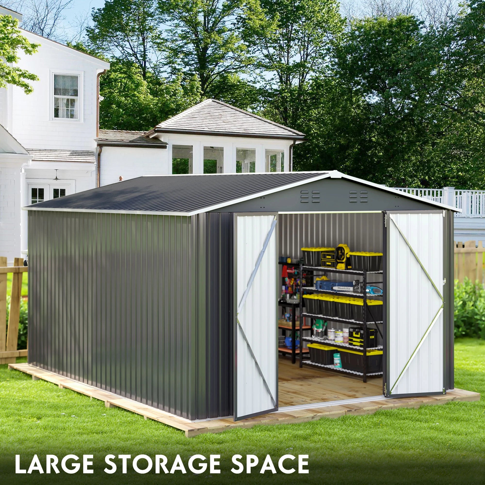 10'X14' Outdoor Metal Shed , Storage Shed with Updated Frame, Lockable Doors & Sliding Roof for Backyard, Garden, Black