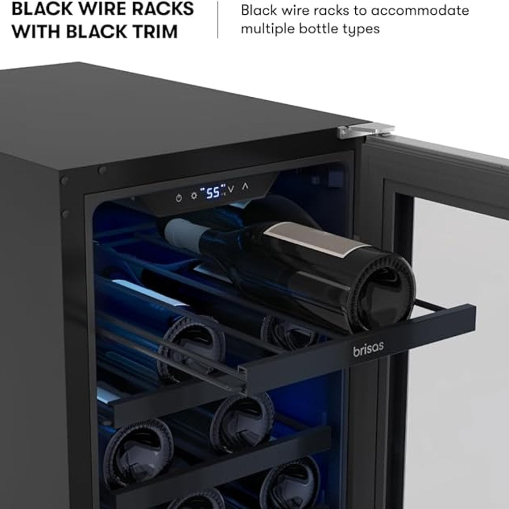 Zephyr Brisas 15 Inch Slim Wine Fridge Single Zone Under Counter - Narrow Mini Wine Cooler Small Cabinet Wine Refrigerator Home Bar Freestanding with Glass Door - 28 x 750ml Bottles