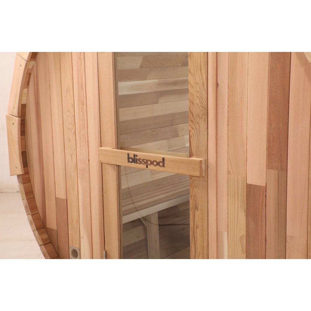 Blisspod, Prague, Canadian Red Cedar Outdoor Steam Barell Sauna, 2-4 / 4-6 persons with Full Glass Back & 2 front Porch seats