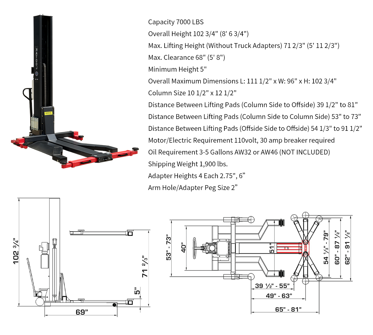 Katool KT-SPL700 7,000lbs Single Post Lift