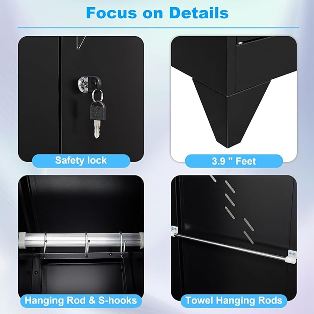 75" Metal Storage Cabinet, Tool Cabinets with Hooks, Garage Storage Cabinet with Lock, Heavy-Duty Tool Cabinet for Utility Room, Gym, Basement, Broom Closet Cabinet, Black