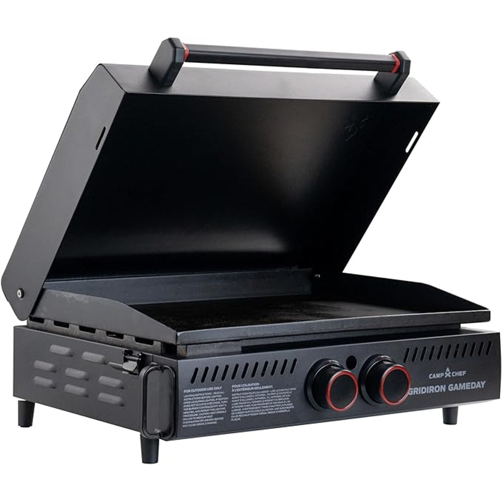 Gridiron Gameday 24" Flat Top Grill – Portable Tabletop Griddle with Hinged Lid, 24,000 BTUs, Flamethrower Ignition, Dual Heat Zones & Adjustable Legs for Tailgating, Camping, Outdoor Cooking