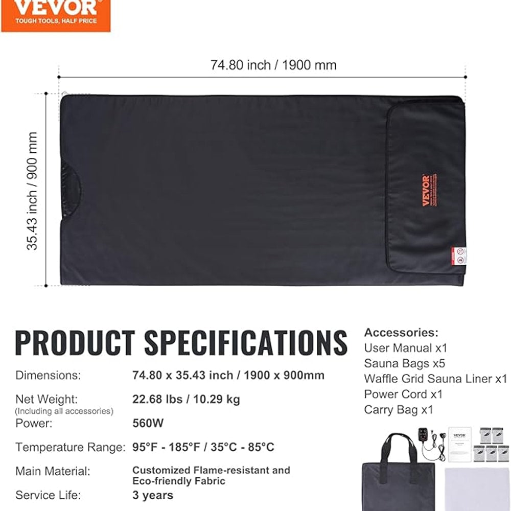 VEVOR Sauna Blanket for Detoxification, Portable Far Infrared Sauna for Home, PU Sauna Bag w/Therapy Stones & Carbon Fiber Heating, 1-6 Level Adjustable Temp 95-185℉, 1-60 Minutes Timer, 75 x 35in