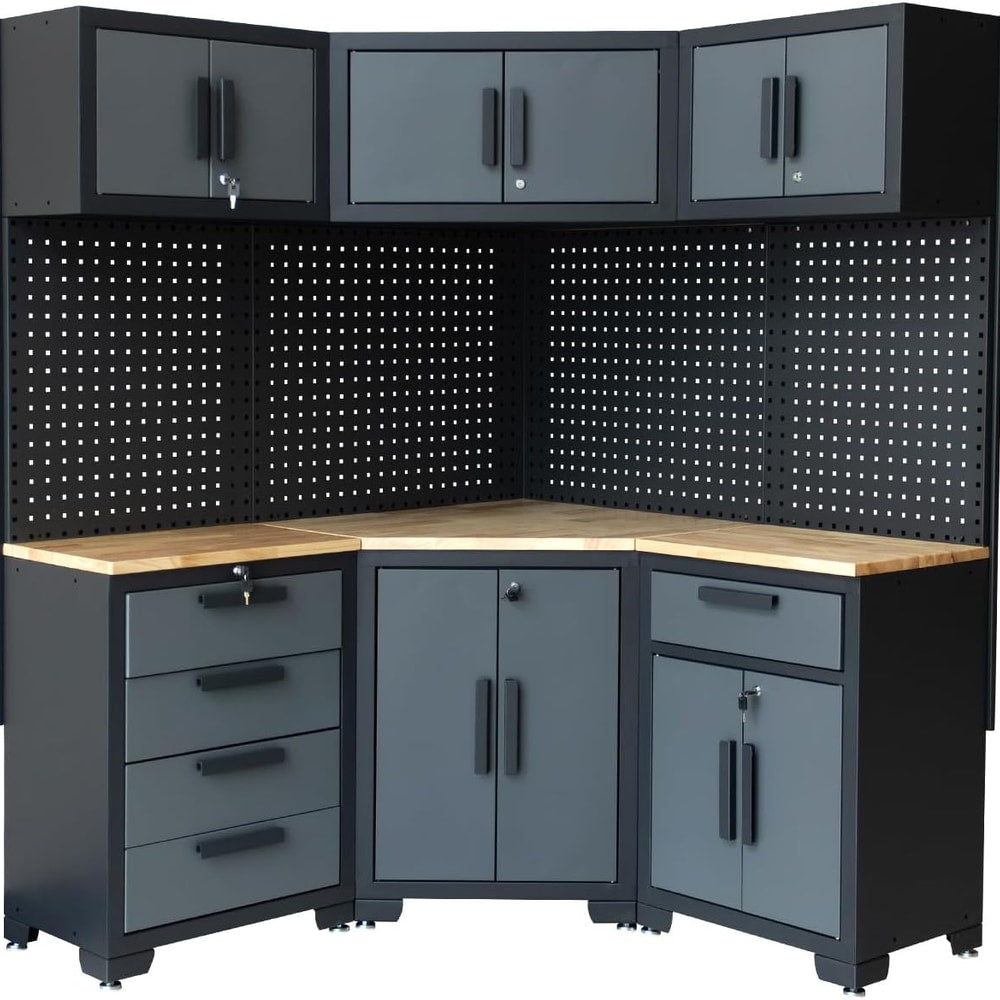 Garage Storage Cabinet System - 8-Piece Set with Corner Cabinet, Drawers, Workbench, Pegboard for Tool Organization - Black and Grey