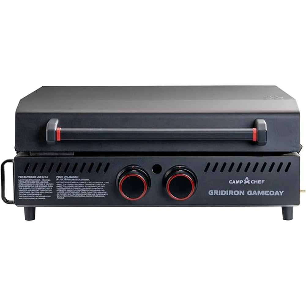 Gridiron Gameday 24" Flat Top Grill – Portable Tabletop Griddle with Hinged Lid, 24,000 BTUs, Flamethrower Ignition, Dual Heat Zones & Adjustable Legs for Tailgating, Camping, Outdoor Cooking