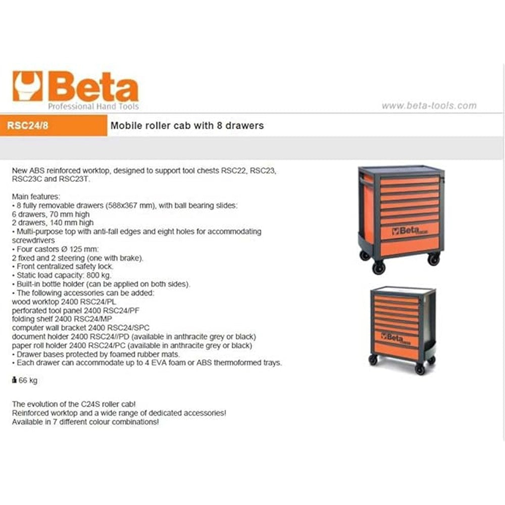Beta RSC24 Heavy Duty Rolling Tool Cabinet, 8 Drawers, Orange, Ball Bearing Slides, Rubber Mat Liners, 5" Casters, Anti-Fall Edge Worktop, 1760 lbs Load Capacity, Made in Italy