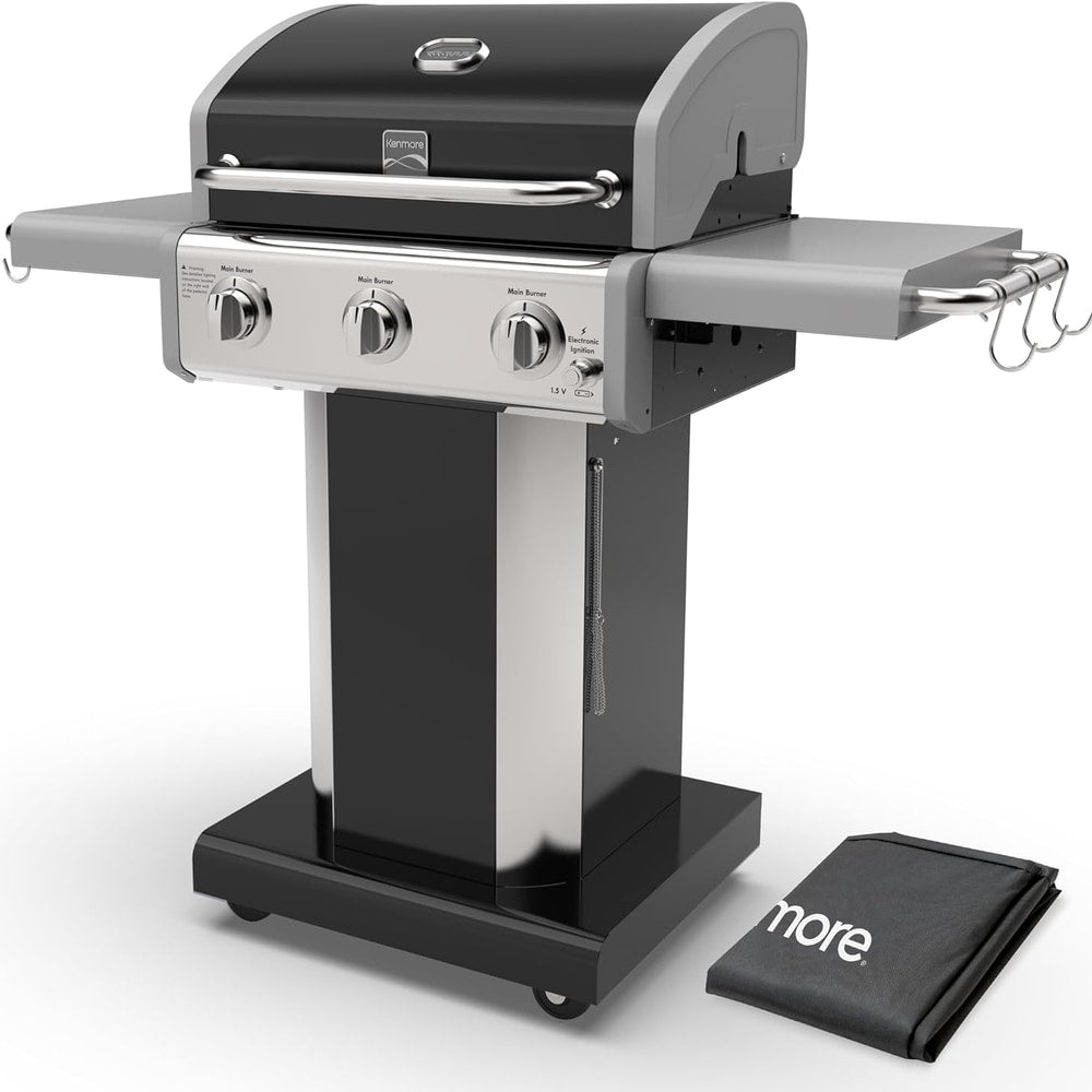 Kenmore 3-Burner Propane BBQ Grill, 30,000 BTUs Gas Grill with Cast Iron Cooking Grates, Folding Side Tables & Wheels, Outdoor Grill with Tool Hooks, Black + Bonus Cover