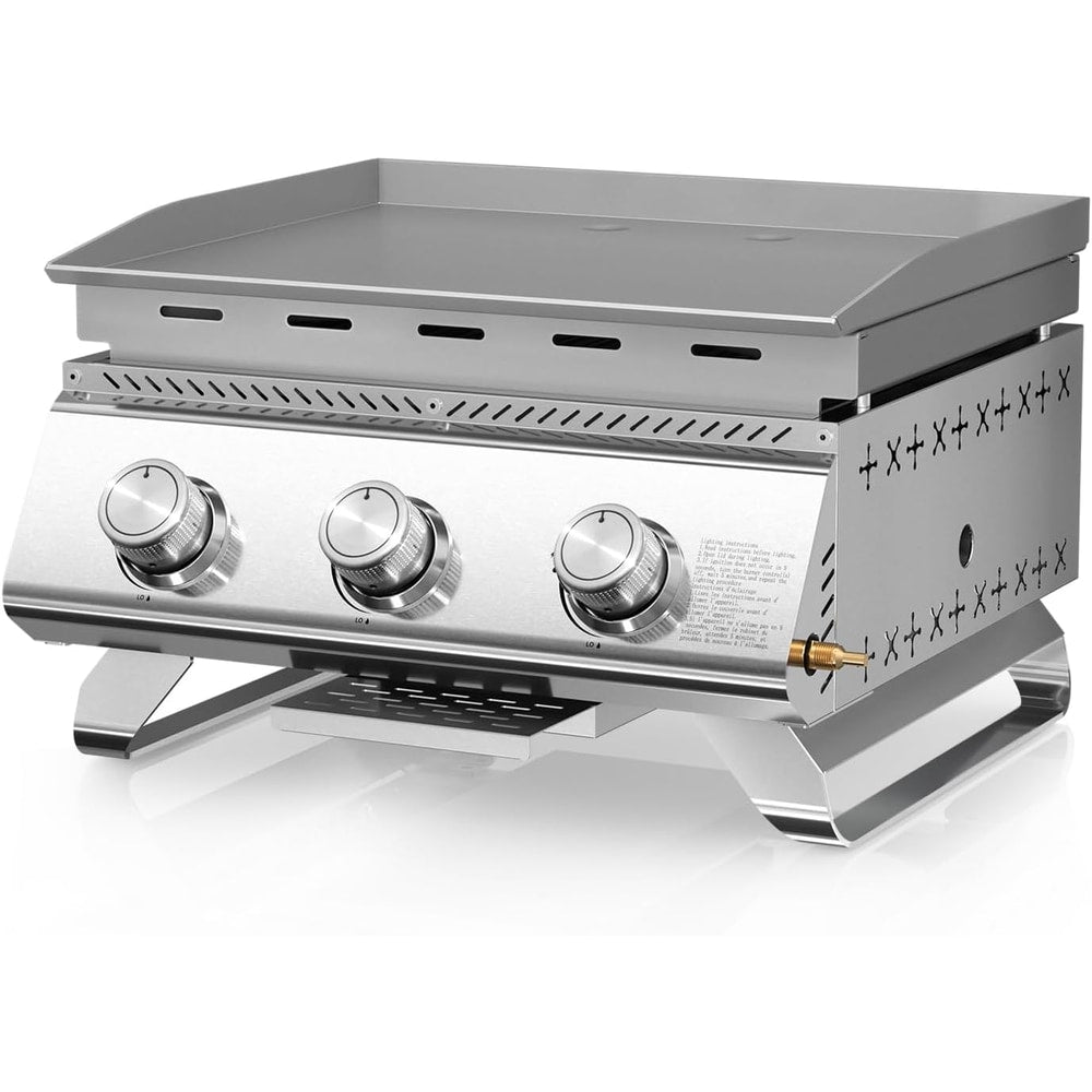 R.W.FLAME 3-Burner Tabletop Propane Gas Grill Stainless Steel Portable Outdoor Griddle,24,000 BTU Compact Flat Top Camping BBQ Grill,347 Sq. In. Cooking Area