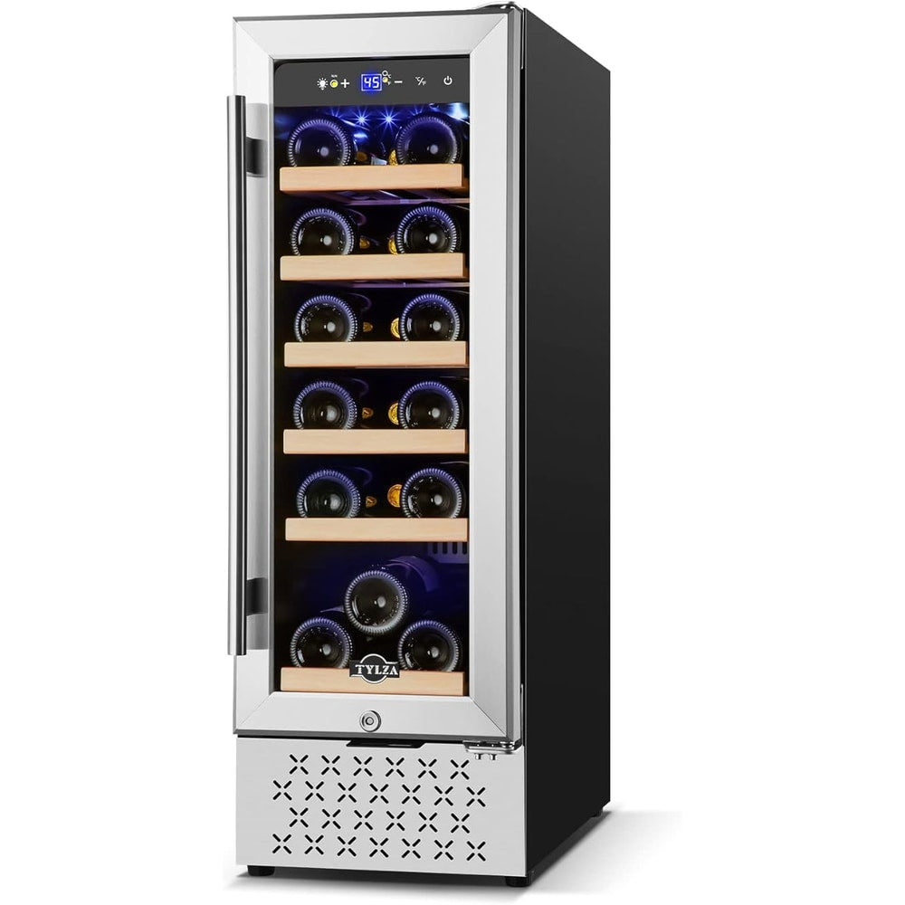 Tylza 12" Wine Cooler Refrigerator, 18 Bottle Wine Fridge Built-in or Freestanding with Stainless Steel & Double-Layer Tempered Glass Door, Compressor Fast Cooling, Low Noise and No Fog, Mini Fridge