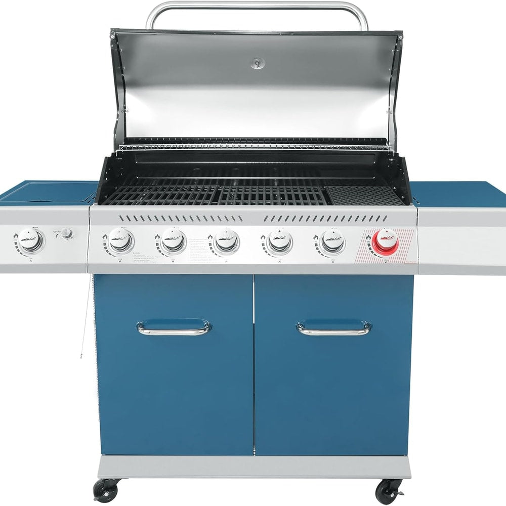 Royal Gourmet GA6402B 6 Burner Propane Gas Grill with Side Burner and Warming Rack, 74,000 BTUs, Cabinet Style Gas BBQ Grill for Barbecue Grilling & Backyard Cooking, Blue
