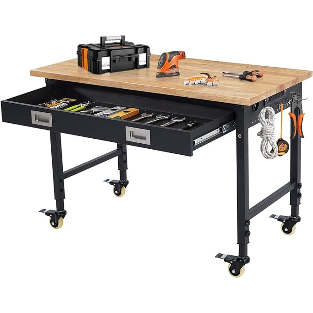 48x24 Inch Heavy-Duty Adjustable Workbench with Rubber Wood Top – 2000LB Capacity Mobile Garage Workstation with Drawer, Ideal for Workshop, DIY & Tool Storage