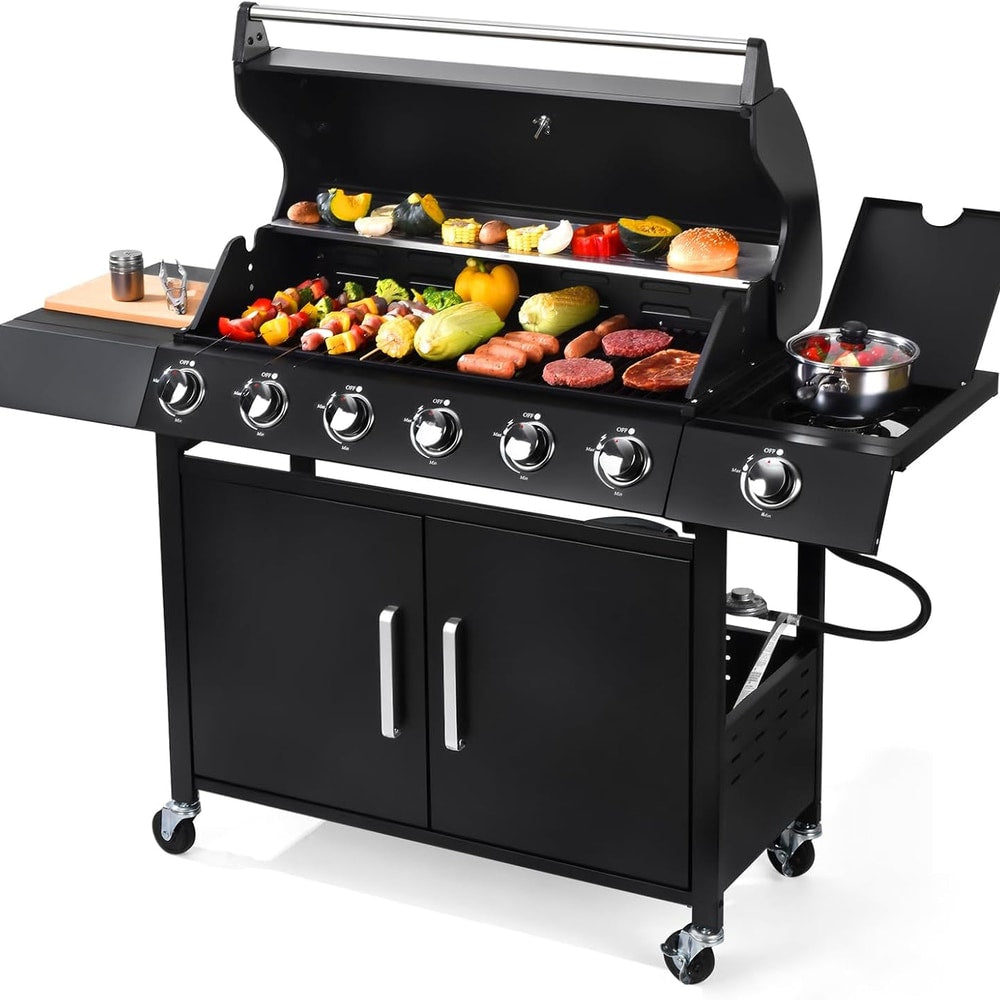 Q032-6-Burner w/Side Burner Gas Grill with 403 SQ.IN. Outdoor Grill with 60,000 BTU,Propane Grills with Top Cover Lid,Grills Outdoor Cooking for Patios,Balcony,Camping,Garden