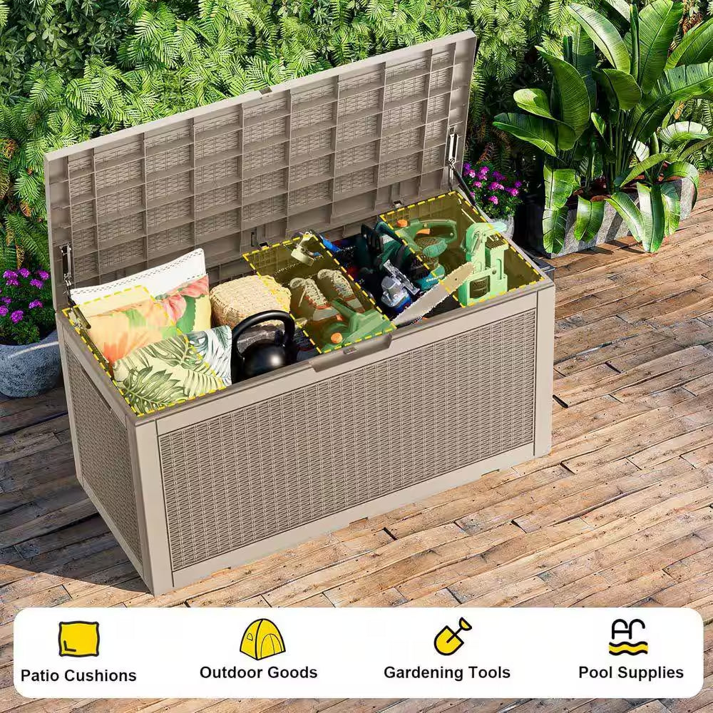 100 Gal. Outdoor Deck Box, Waterproof Lockable Resin Storage Container for outside Cushions, Garden Tools, Taupe