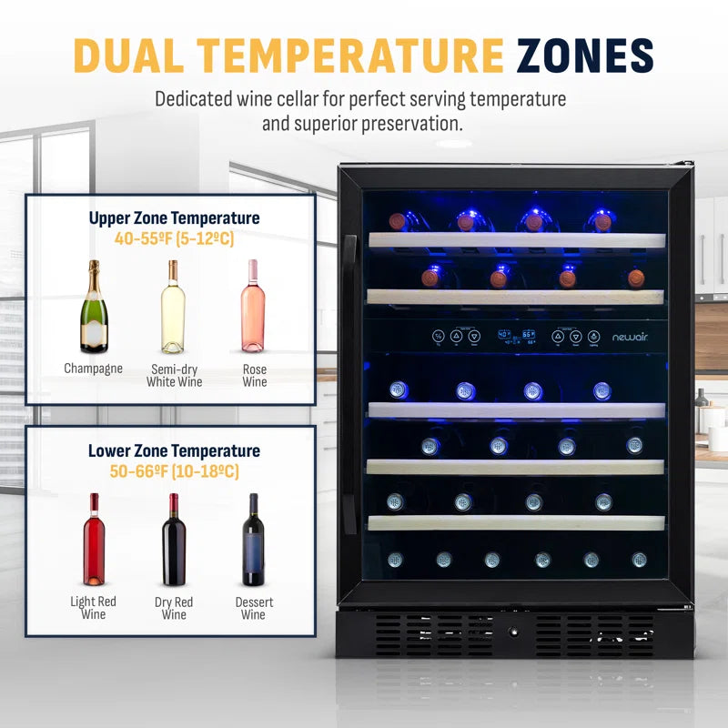 24” Built-In 46 Bottle Dual Zone Wine Cooler with Removable Beechwood Shelves in Black Stainless Steel
