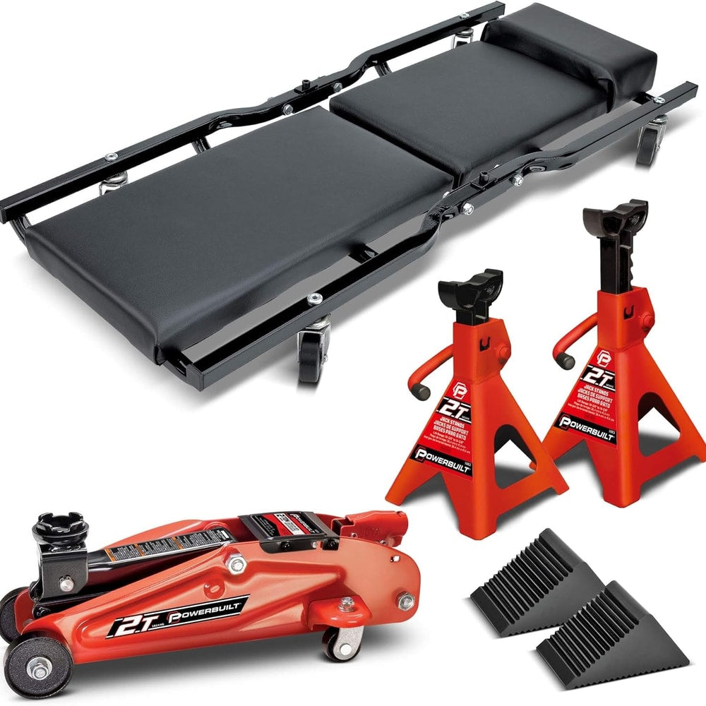 Powerbuilt 6 Piece Car Jack and Garage Creeper Service Set, 2 Ton Vehicle Lift, Jackstands, Folding Creeper, Wheel Chocks, Car Repair Garage Equipment - 640816, Large, Red