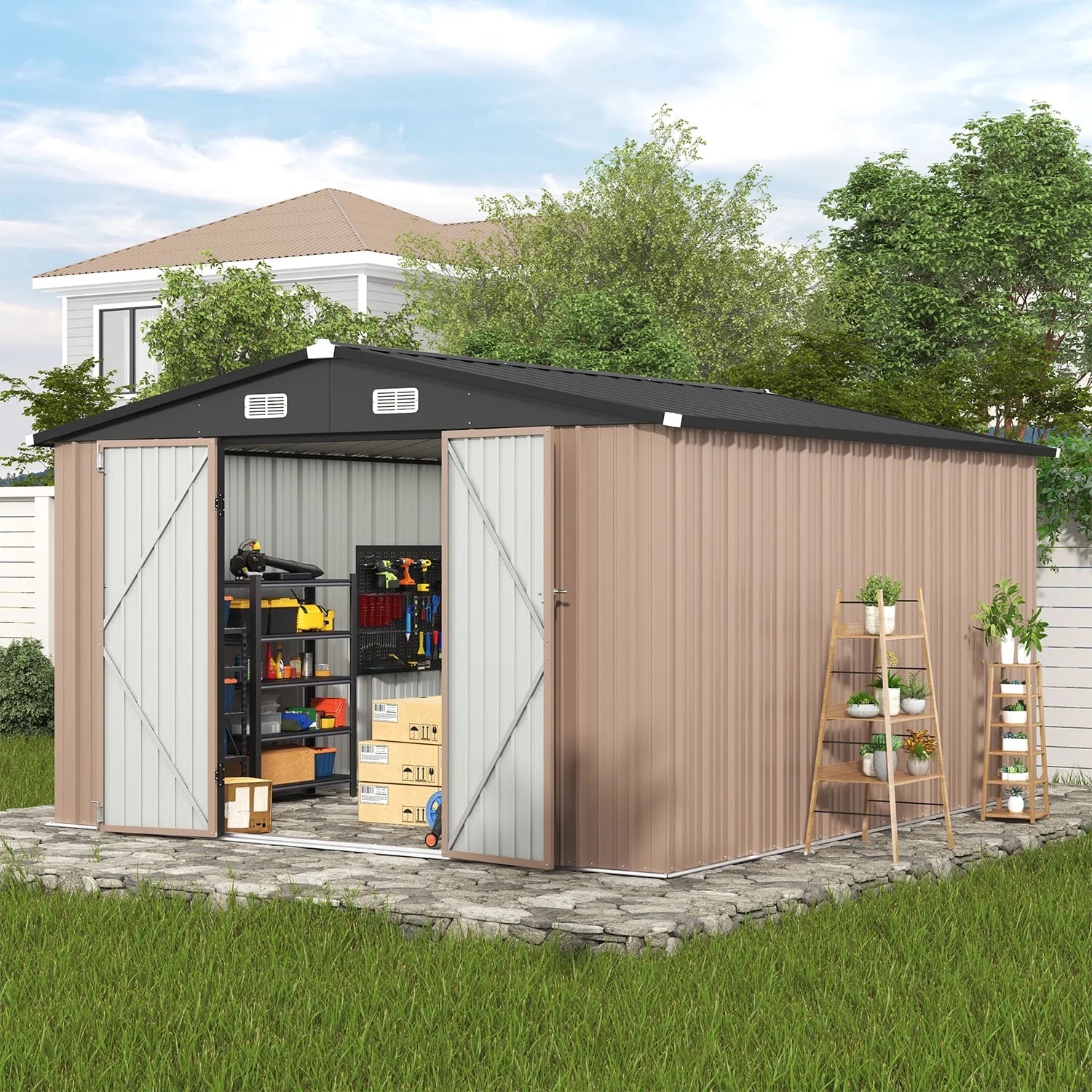 10X12 Ft. Metal Storage Shed, Waterproof Steel Garden Shed with Lock, Brown