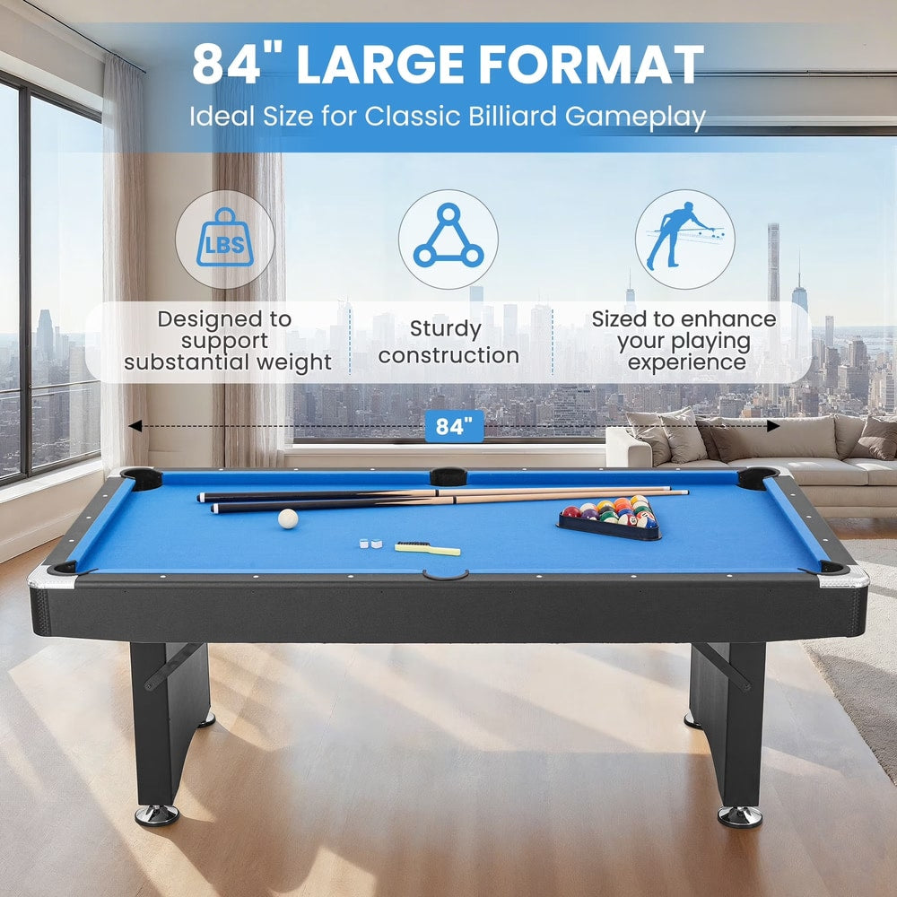 7FT Pool Table Billiard Table with Cues Rack Triangle Ball Set Brush Chalk Cubes Complete Set Pool Table for Family Friend Villa Home Office