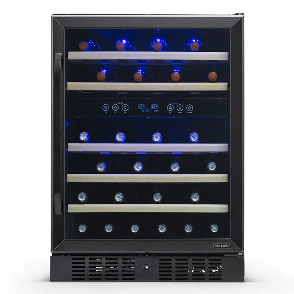 24” Built-In 46 Bottle Dual Zone Wine Cooler with Removable Beechwood Shelves in Black Stainless Steel